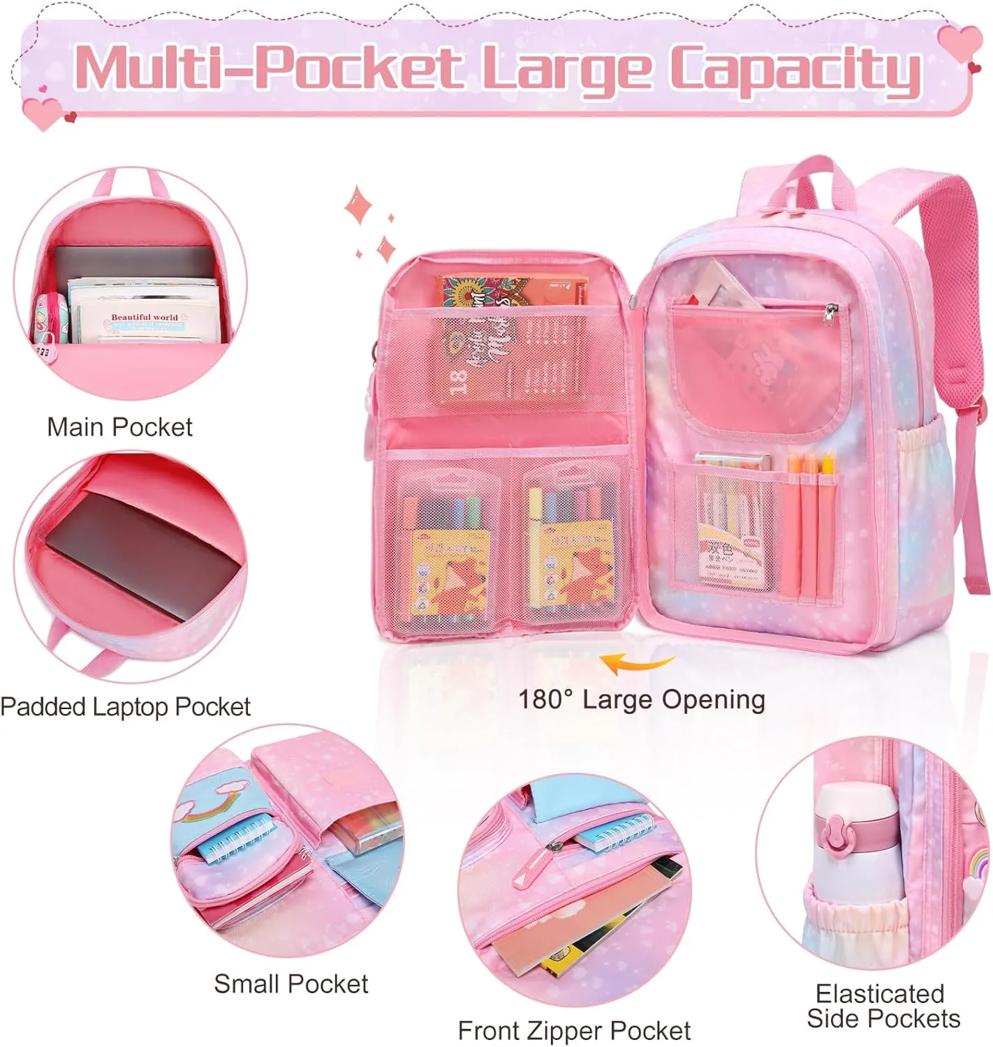 Girls Backpack, Cute Rainbow School Backpack for Girls with Insulated Lunch Box Pen Case Set, Kids Backpack Kindergarten Elementary Middle School Book Bag for Teen Girls Children Students