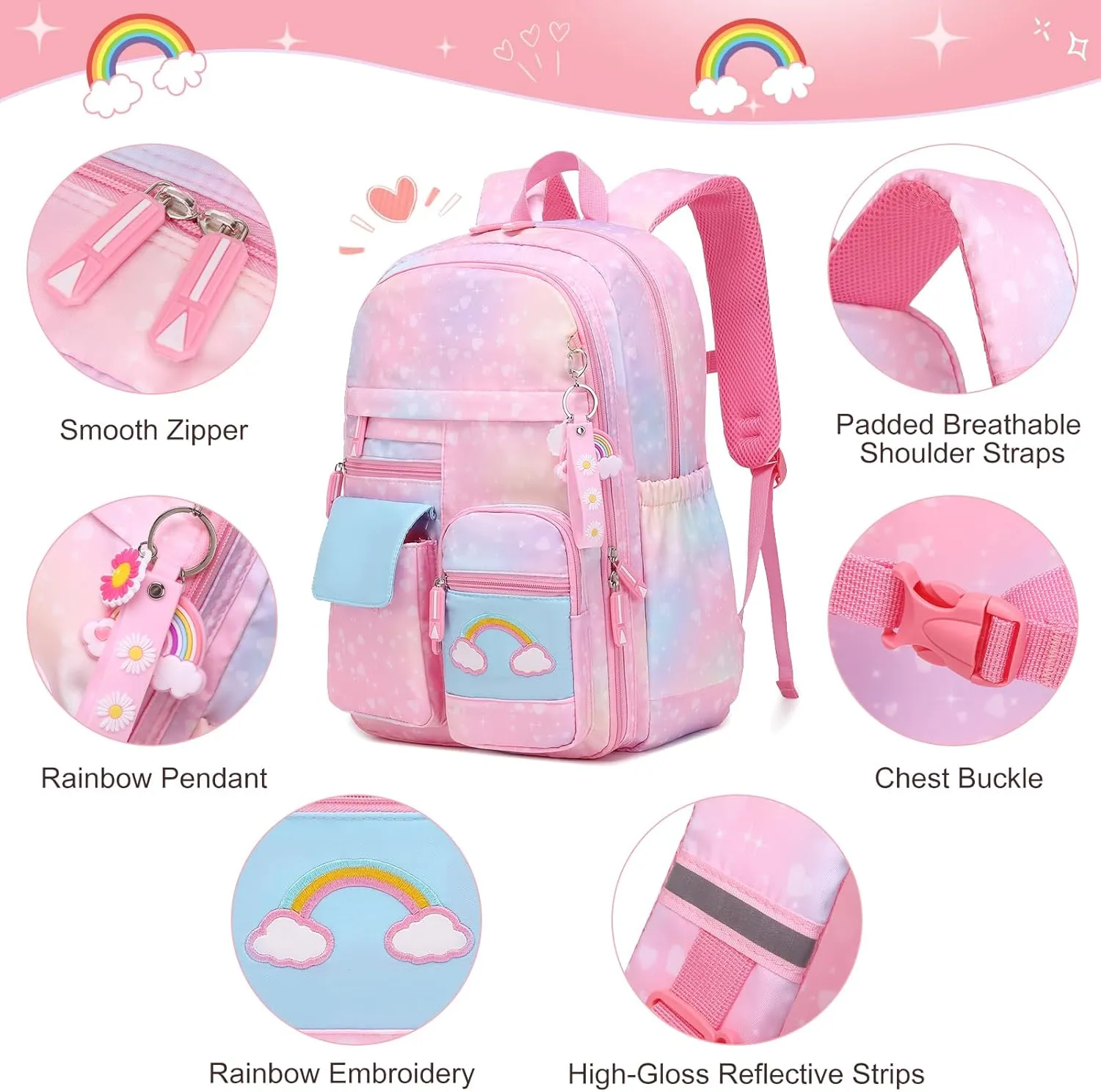 Girls Backpack, Cute Rainbow School Backpack for Girls with Insulated Lunch Box Pen Case Set, Kids Backpack Kindergarten Elementary Middle School Book Bag for Teen Girls Children Students