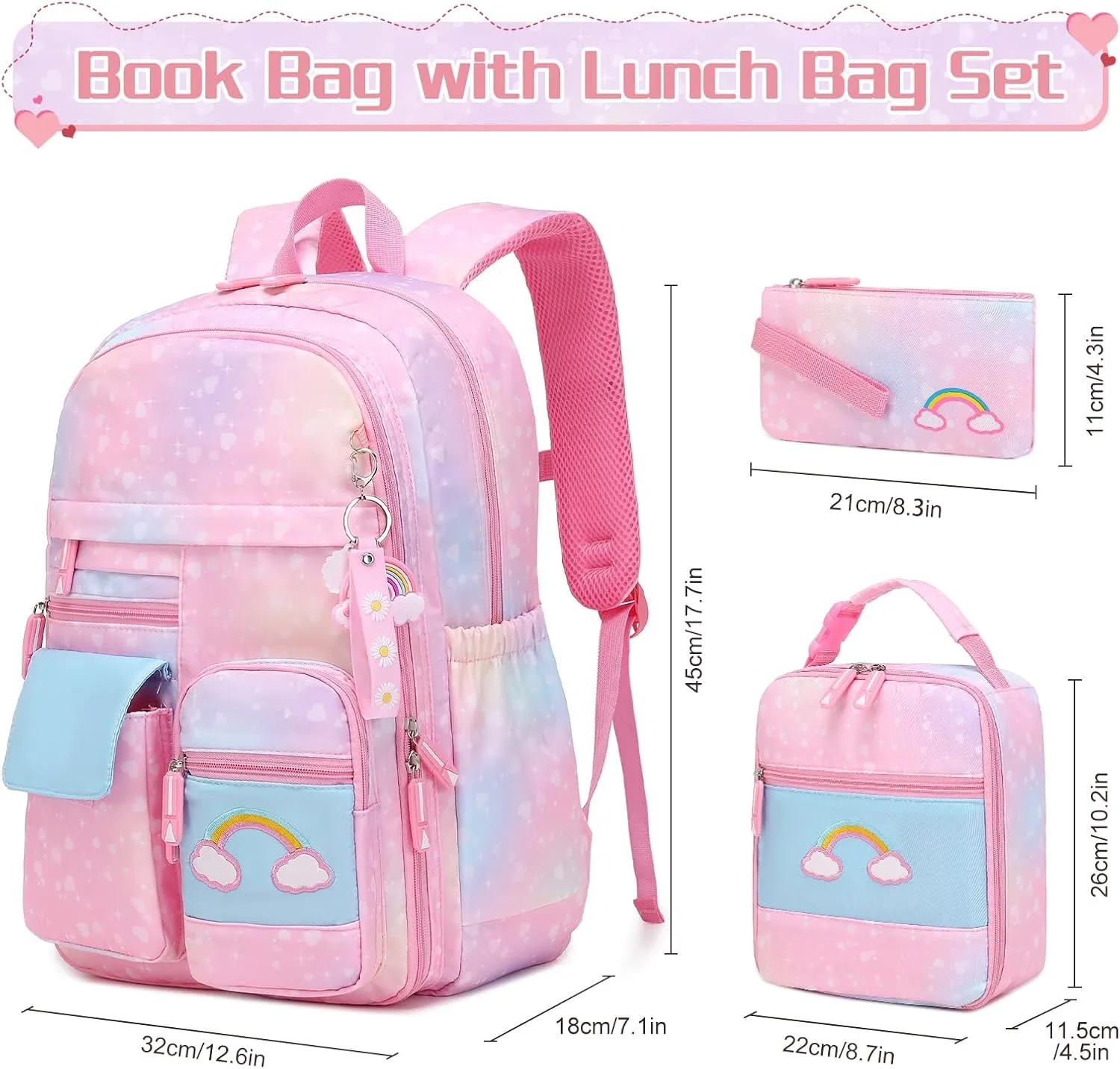 Girls Backpack, Cute Rainbow School Backpack for Girls with Insulated Lunch Box Pen Case Set, Kids Backpack Kindergarten Elementary Middle School Book Bag for Teen Girls Children Students
