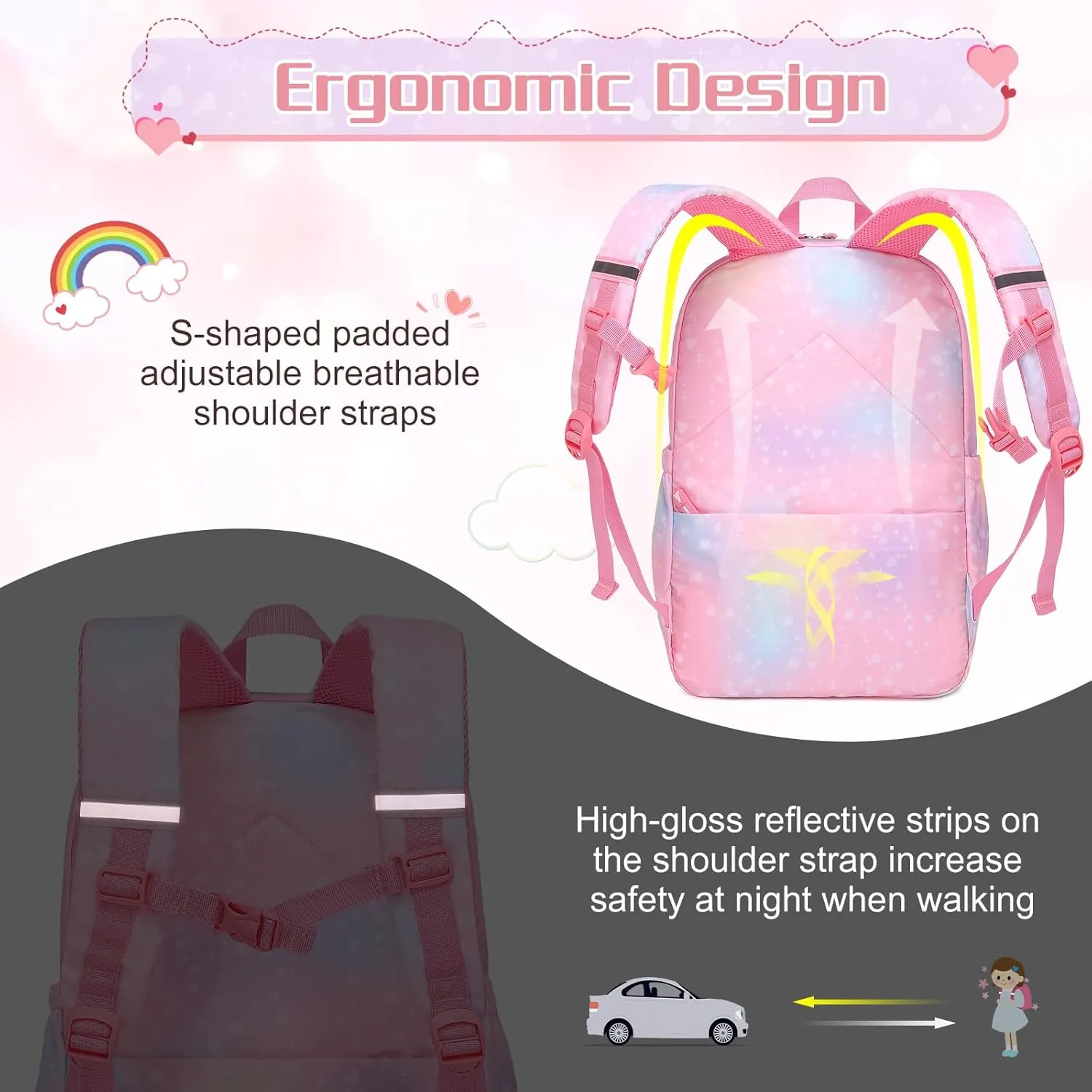 Girls Backpack, Cute Rainbow School Backpack for Girls with Insulated Lunch Box Pen Case Set, Kids Backpack Kindergarten Elementary Middle School Book Bag for Teen Girls Children Students