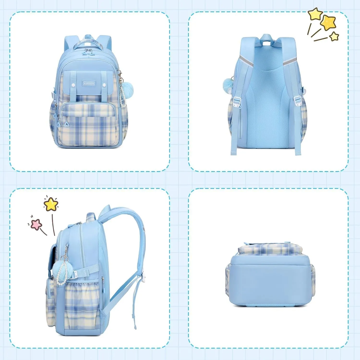 Girls Backpack with Lunch Box, Kindergarten Elementary Middle School Backpack, Large Capacity Kids Bookbag 3 Pcs Set (blue)