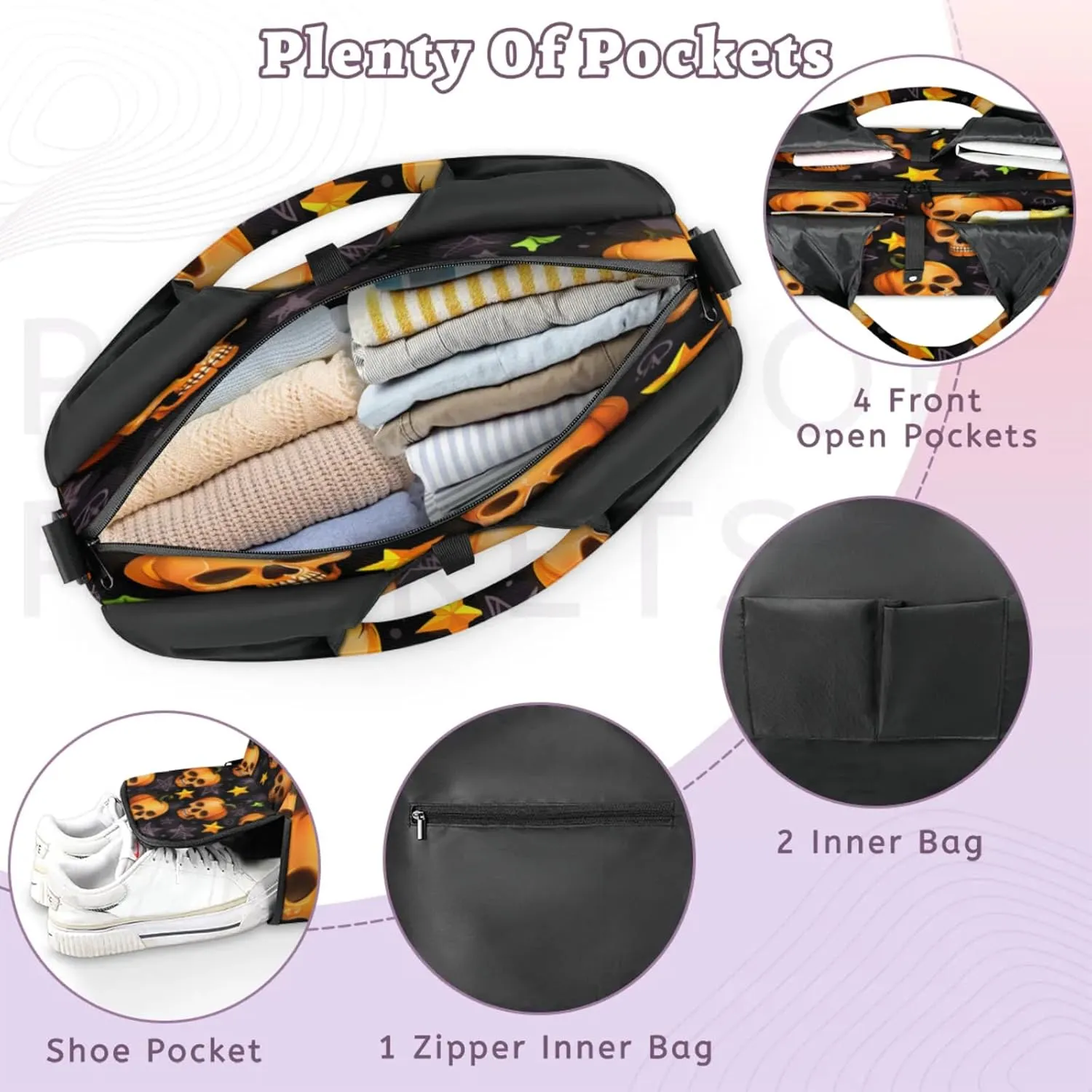Glowing Pumpkin Spirits Waterproof Gym Bag for Men Women, Sports Duffel Bag with Shoe Compartment Yoga Mat Holder, Portable Large Travel Bag for Fitness, Camping, Weekend Trips