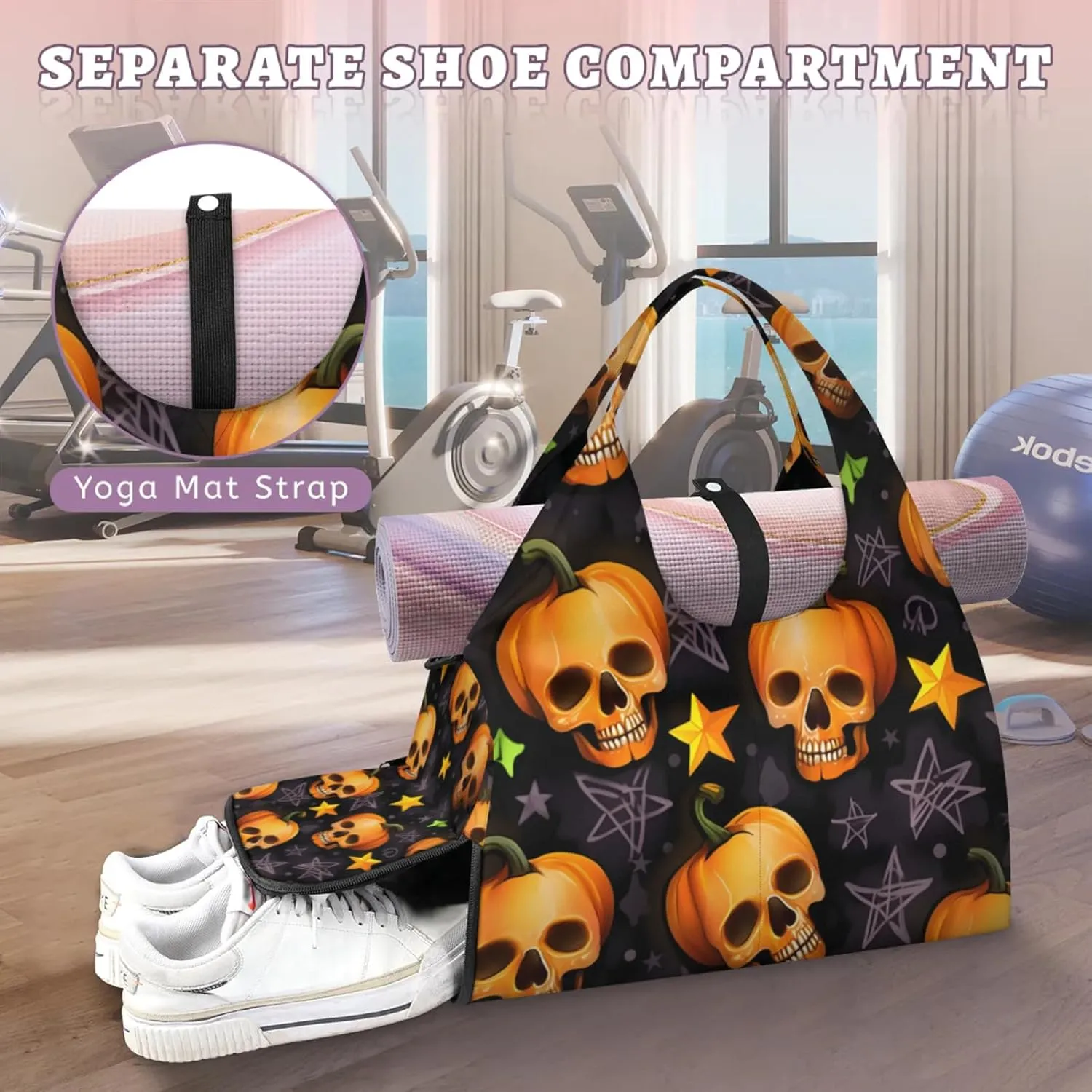 Glowing Pumpkin Spirits Waterproof Gym Bag for Men Women, Sports Duffel Bag with Shoe Compartment Yoga Mat Holder, Portable Large Travel Bag for Fitness, Camping, Weekend Trips