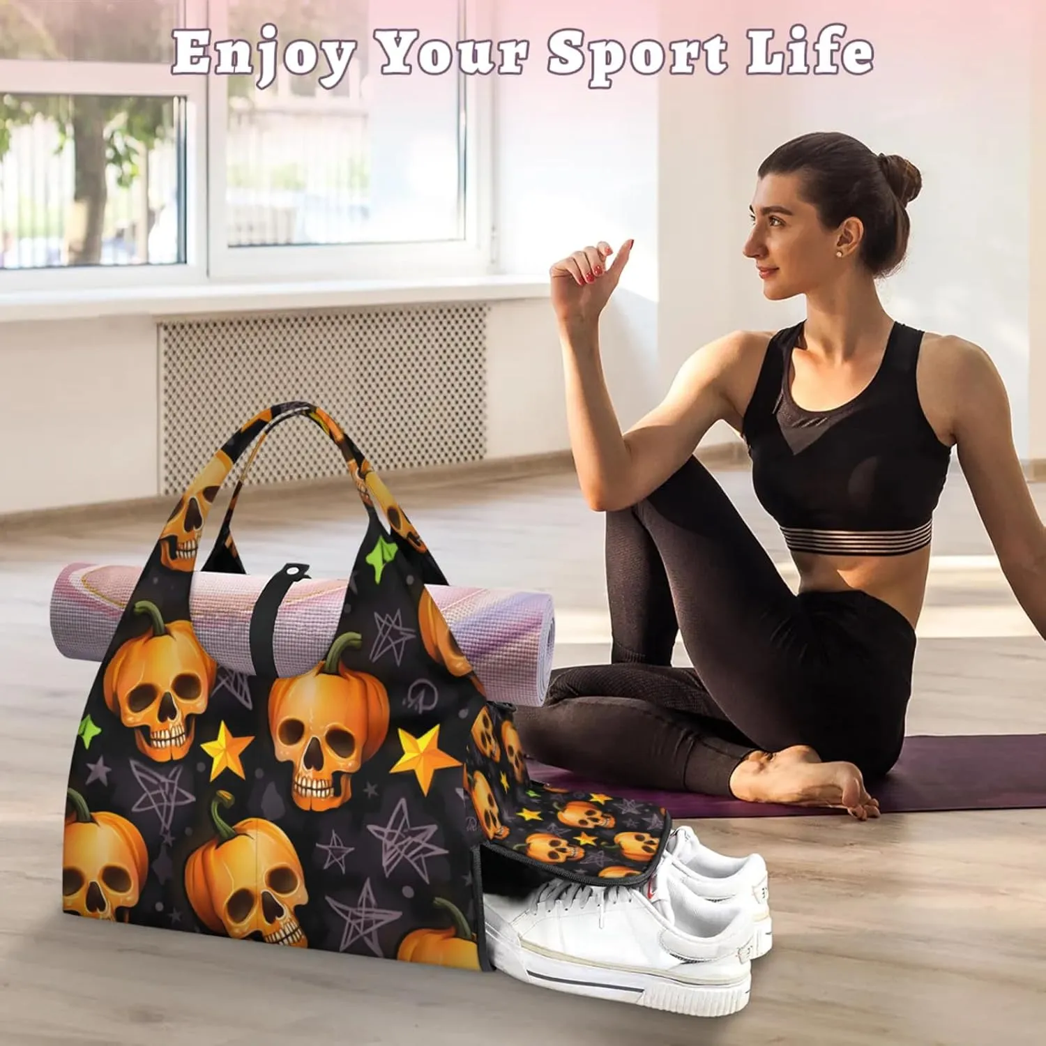 Glowing Pumpkin Spirits Waterproof Gym Bag for Men Women, Sports Duffel Bag with Shoe Compartment Yoga Mat Holder, Portable Large Travel Bag for Fitness, Camping, Weekend Trips