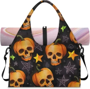 Glowing Pumpkin Spirits Waterproof Gym Bag for Men Women, Sports Duffel Bag with Shoe Compartment Yoga Mat Holder, Portable Large Travel Bag for Fitness, Camping, Weekend Trips
