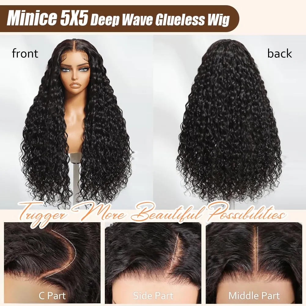 Glueless Wigs Human Hair Pre Plucked Pre Cut 5X5 Deep Wave Lace Front Wigs Human Hair for Women 22 Inch Hd Lace Frontal Natural Hairline Wear and Go 180% Density Wet Wavy Waterwave Natural Color