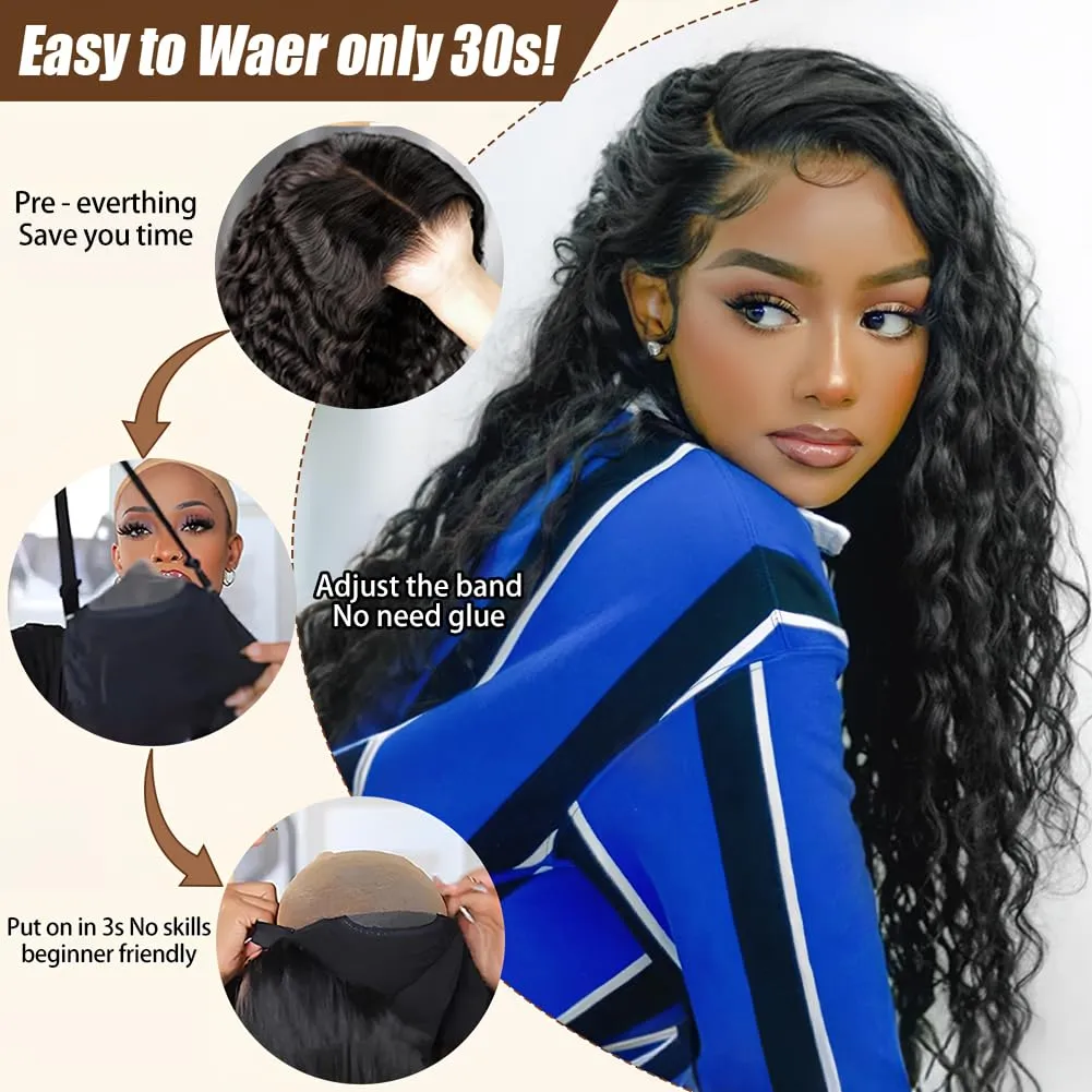 Glueless Wigs Human Hair Pre Plucked Pre Cut 5X5 Deep Wave Lace Front Wigs Human Hair for Women 22 Inch Hd Lace Frontal Natural Hairline Wear and Go 180% Density Wet Wavy Waterwave Natural Color