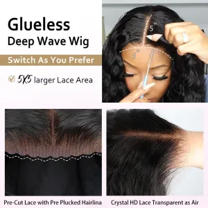Glueless Wigs Human Hair Pre Plucked Pre Cut 5X5 Deep Wave Lace Front Wigs Human Hair for Women 22 Inch Hd Lace Frontal Natural Hairline Wear and Go 180% Density Wet Wavy Waterwave Natural Color