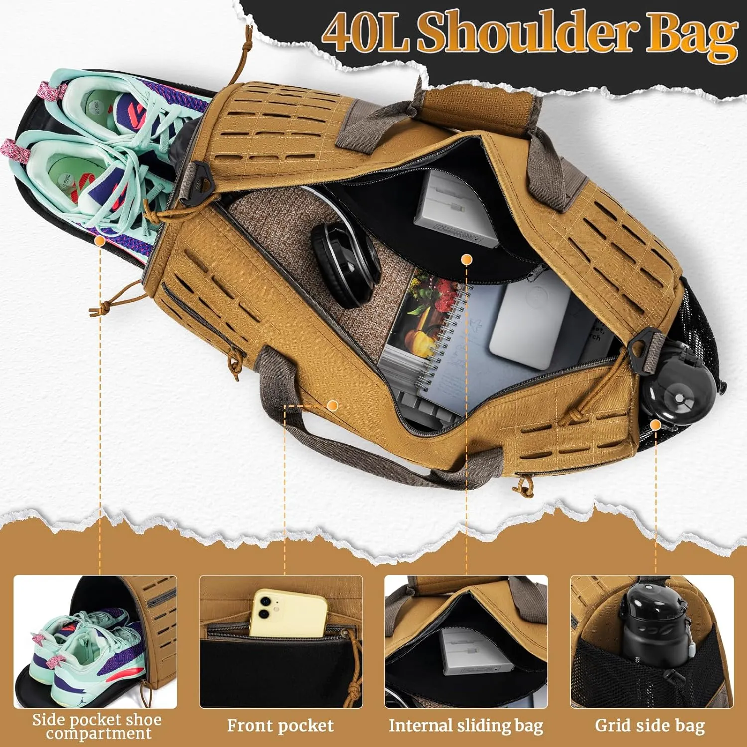 GMAK Military Tactical Duffle Bag for Men, 40L Sports Gym Bag with Shoe Compartment, Carry on Bag Travel Duffle Bag for Weekender Overnight Gym Workout Training Basketball Football, Khaki