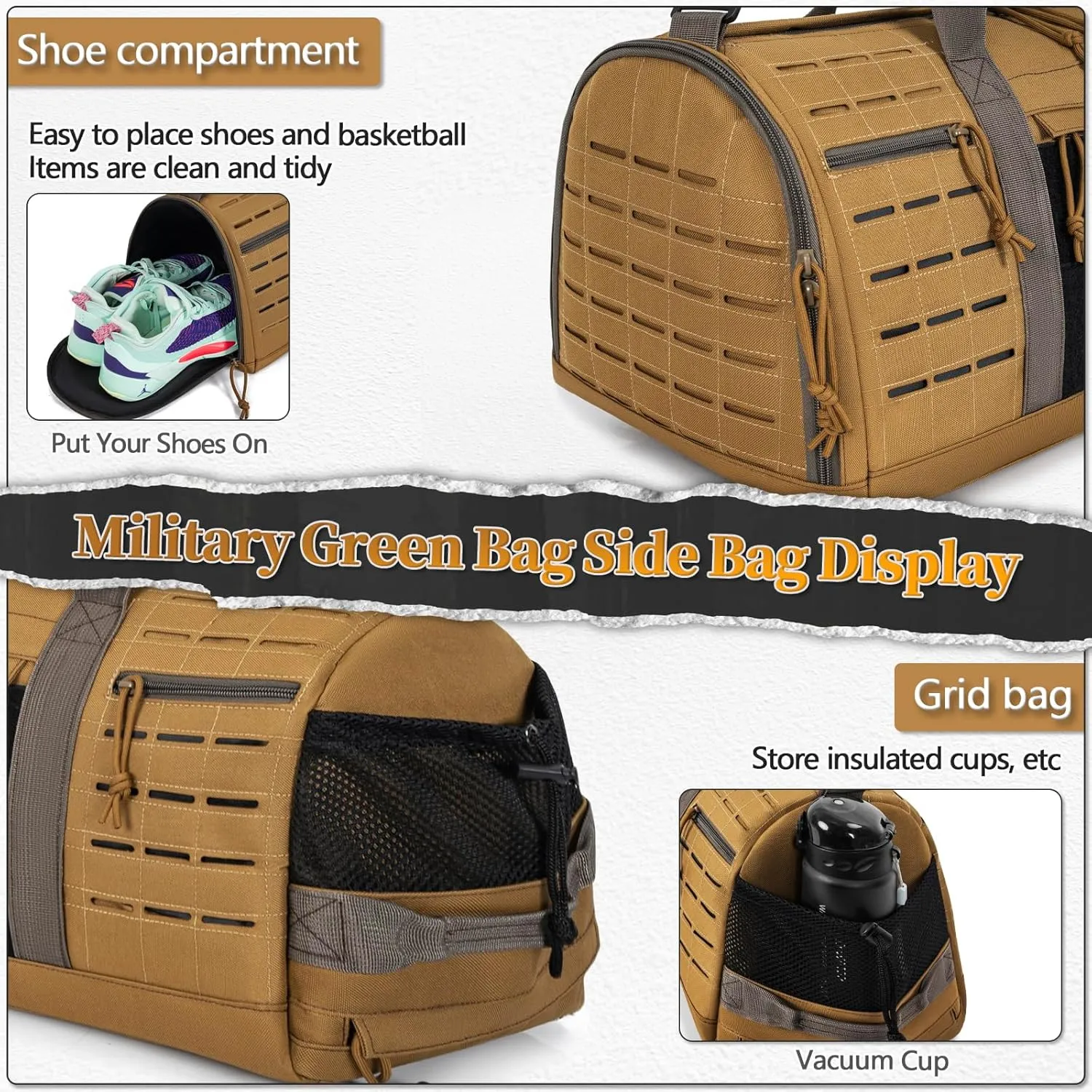 GMAK Military Tactical Duffle Bag for Men, 40L Sports Gym Bag with Shoe Compartment, Carry on Bag Travel Duffle Bag for Weekender Overnight Gym Workout Training Basketball Football, Khaki