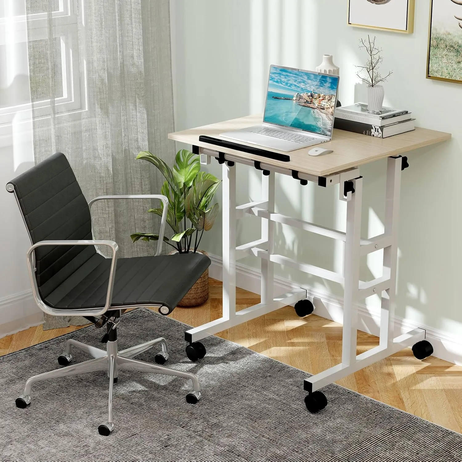 GOFLAME Mobile Standing Desk, Height Adjustable Workstation, 2 Split Tops, Tiltable Desktop, Rolling Podium Stand, Portable Laptop Cart, White   Natural, 24 x 12 x 49 inches
