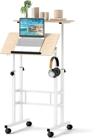 GOFLAME Mobile Standing Desk, Height Adjustable Workstation, 2 Split Tops, Tiltable Desktop, Rolling Podium Stand, Portable Laptop Cart, White   Natural, 24 x 12 x 49 inches