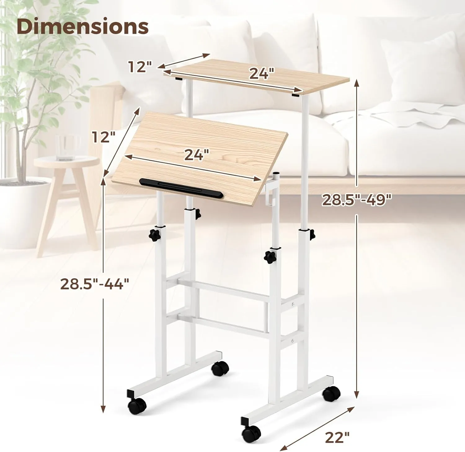 GOFLAME Mobile Standing Desk, Height Adjustable Workstation, 2 Split Tops, Tiltable Desktop, Rolling Podium Stand, Portable Laptop Cart, White   Natural, 24 x 12 x 49 inches