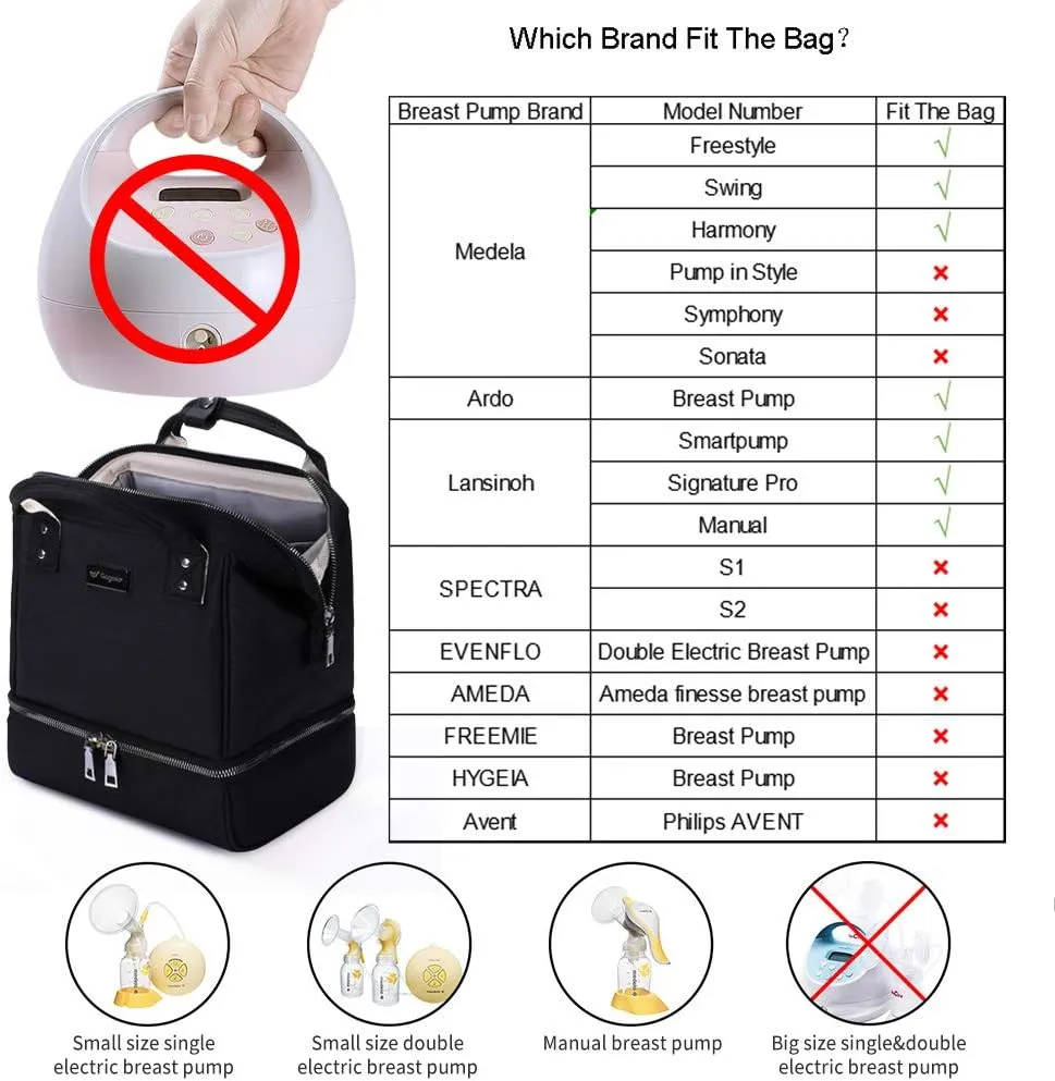 GOGOSO Breast Pump Bag with Cooler Pocket, Mini Pumping Bags for Working Mom Cooler Tote Bag Built-in USB Charging Pot for Phone Mother Diaper Bags -No Include ice Pack,Black