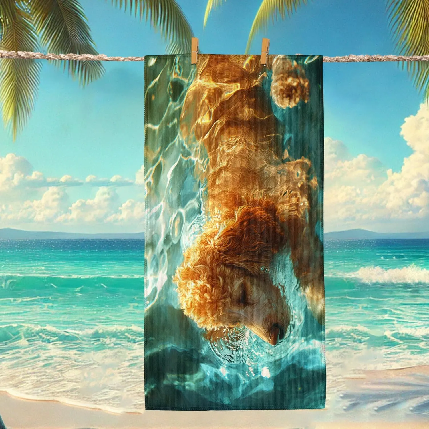 Golden Poodle Beach Towel Vibrant Ocean Waves Microfiber Bath Towel, Quick Dry Absorbent Sand Free Lightweight Pool Blanket, Summer Travel Picnic Essentials 62x31 Inch
