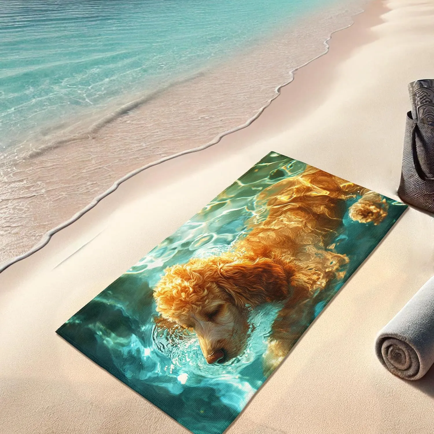 Golden Poodle Beach Towel Vibrant Ocean Waves Microfiber Bath Towel, Quick Dry Absorbent Sand Free Lightweight Pool Blanket, Summer Travel Picnic Essentials 62x31 Inch