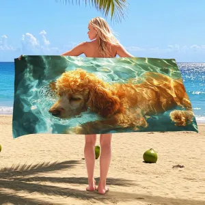 Golden Poodle Beach Towel Vibrant Ocean Waves Microfiber Bath Towel, Quick Dry Absorbent Sand Free Lightweight Pool Blanket, Summer Travel Picnic Essentials 62x31 Inch