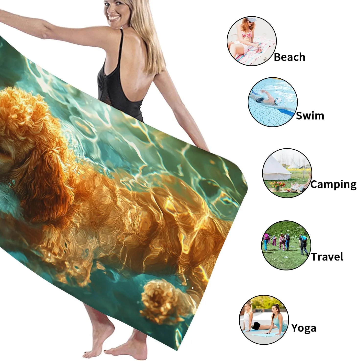 Golden Poodle Beach Towel Vibrant Ocean Waves Microfiber Bath Towel, Quick Dry Absorbent Sand Free Lightweight Pool Blanket, Summer Travel Picnic Essentials 62x31 Inch