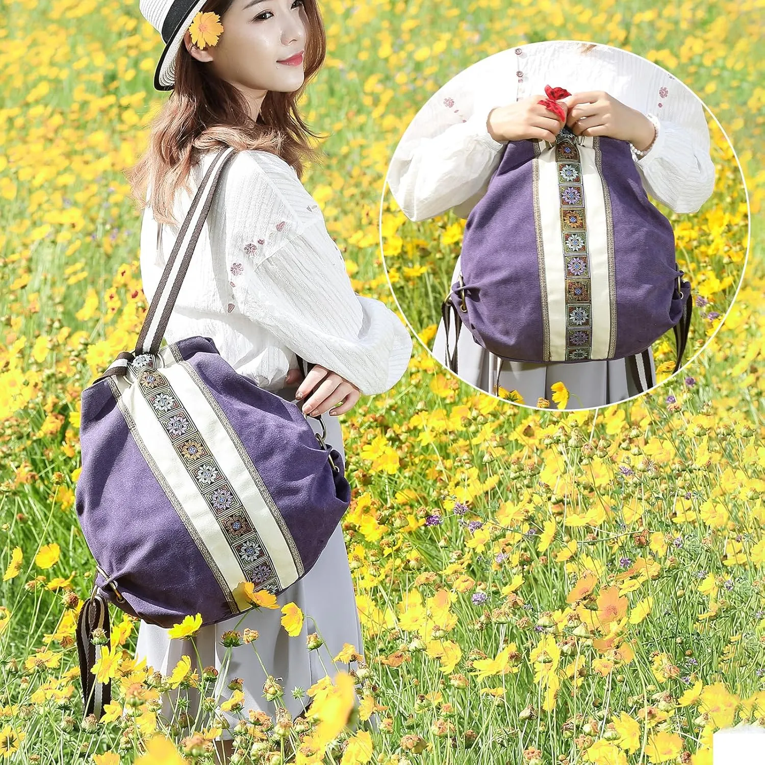Goodhan Women Canvas Backpack Daypack Casual Shoulder Bag, Vintage Heavy-duty Anti-theft Travel Backpack