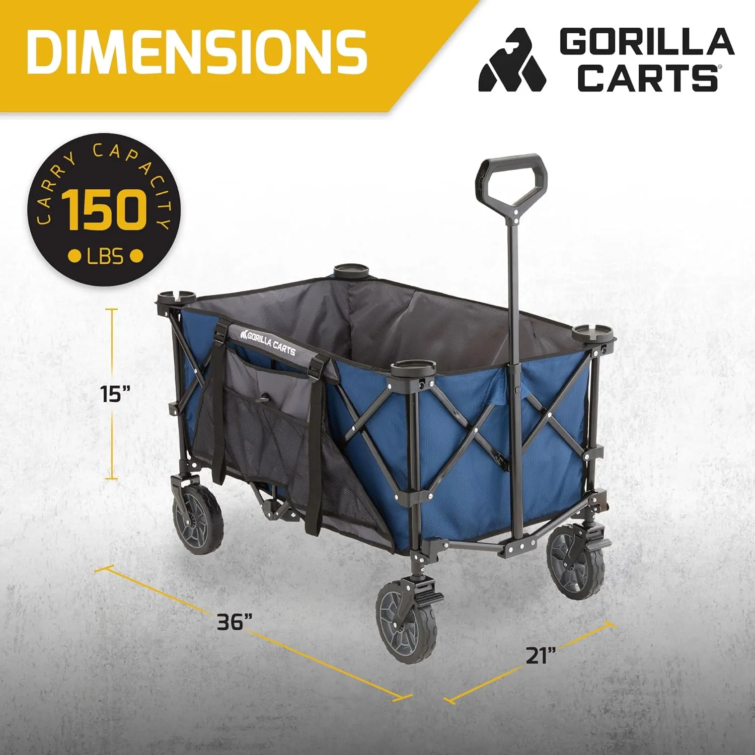 Gorilla Carts Foldable Wagon, Heavy Duty Collapsible Cart with Wheels, 7 Cu Ft, Blue - Portable Folding Utility Wagon for Groceries, Shopping, Beach, and Sports