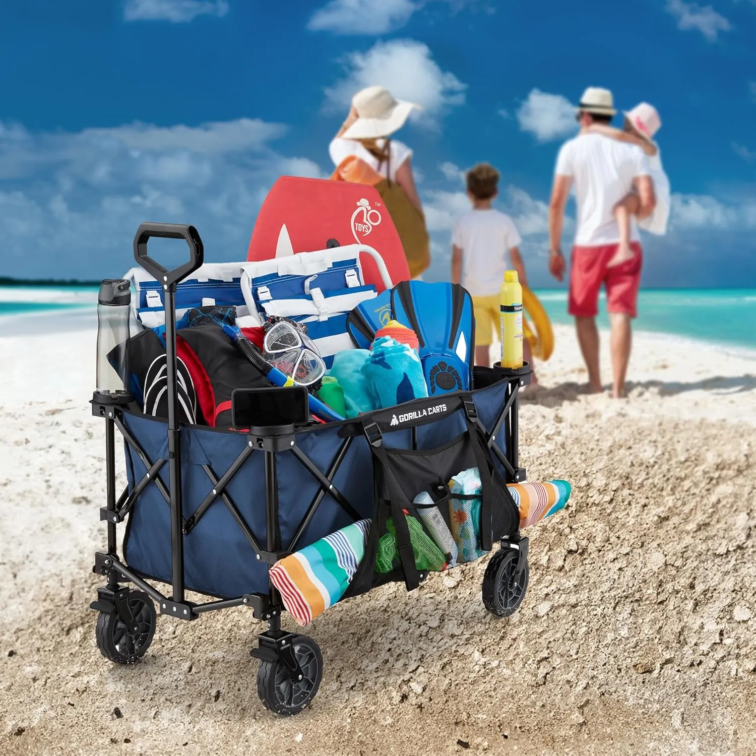 Gorilla Carts Foldable Wagon, Heavy Duty Collapsible Cart with Wheels, 7 Cu Ft, Blue - Portable Folding Utility Wagon for Groceries, Shopping, Beach, and Sports