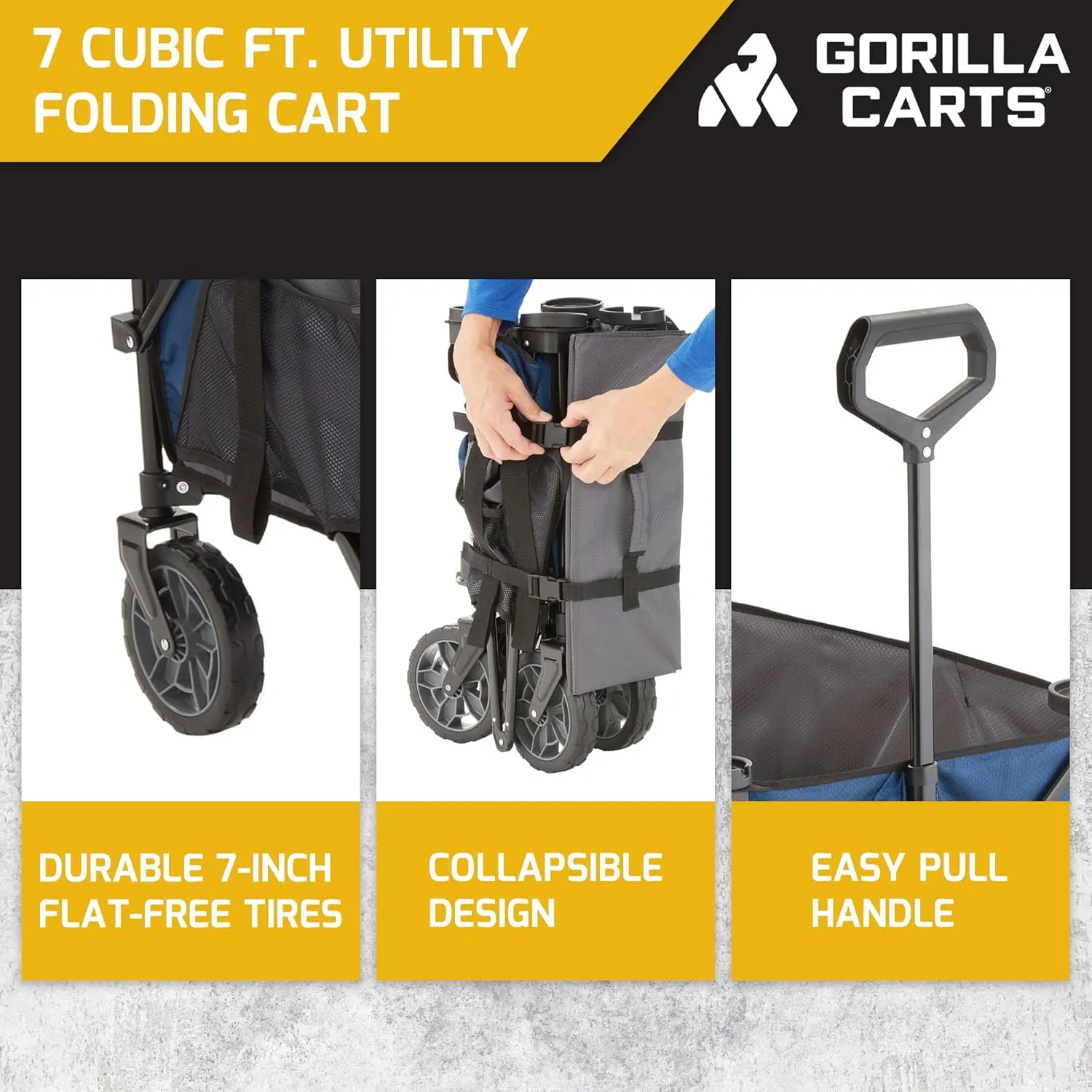Gorilla Carts Foldable Wagon, Heavy Duty Collapsible Cart with Wheels, 7 Cu Ft, Blue - Portable Folding Utility Wagon for Groceries, Shopping, Beach, and Sports