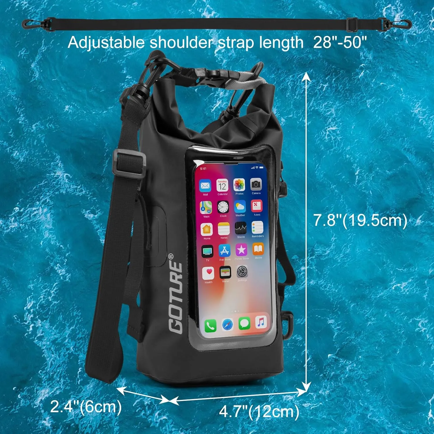Goture Dry Bag, 2L Waterproof Bag with Shoulder Straps, 500D PVC Small Dry Sack Touchscreen Waterproof Phone Pouch, Roll Top Crossbody Dry Bags for Kayaking, Boating, Fishing, Camping, Beach, Travel