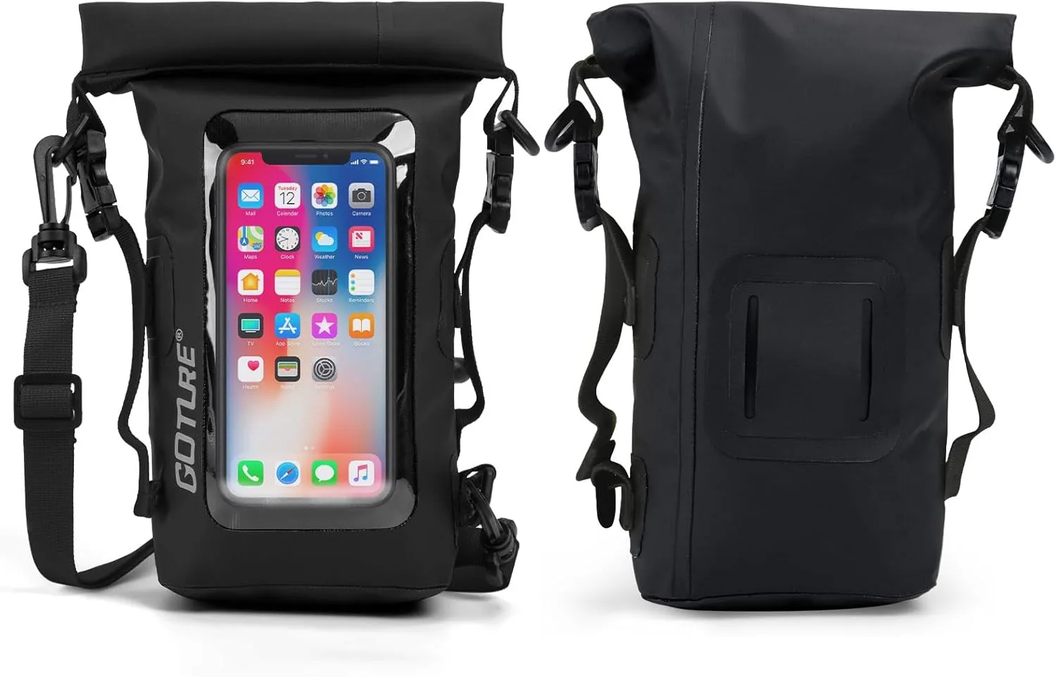 Goture Dry Bag, 2L Waterproof Bag with Shoulder Straps, 500D PVC Small Dry Sack Touchscreen Waterproof Phone Pouch, Roll Top Crossbody Dry Bags for Kayaking, Boating, Fishing, Camping, Beach, Travel