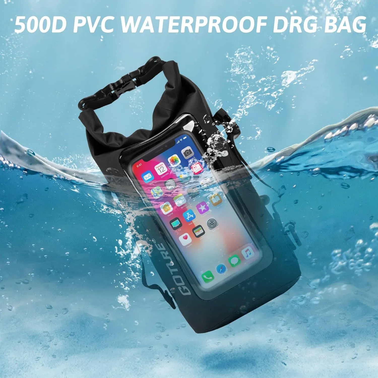 Goture Dry Bag, 2L Waterproof Bag with Shoulder Straps, 500D PVC Small Dry Sack Touchscreen Waterproof Phone Pouch, Roll Top Crossbody Dry Bags for Kayaking, Boating, Fishing, Camping, Beach, Travel