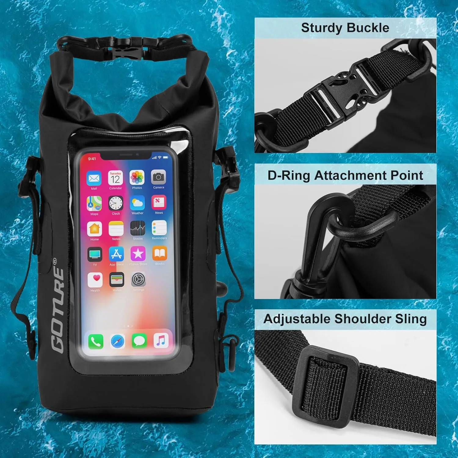 Goture Dry Bag, 2L Waterproof Bag with Shoulder Straps, 500D PVC Small Dry Sack Touchscreen Waterproof Phone Pouch, Roll Top Crossbody Dry Bags for Kayaking, Boating, Fishing, Camping, Beach, Travel