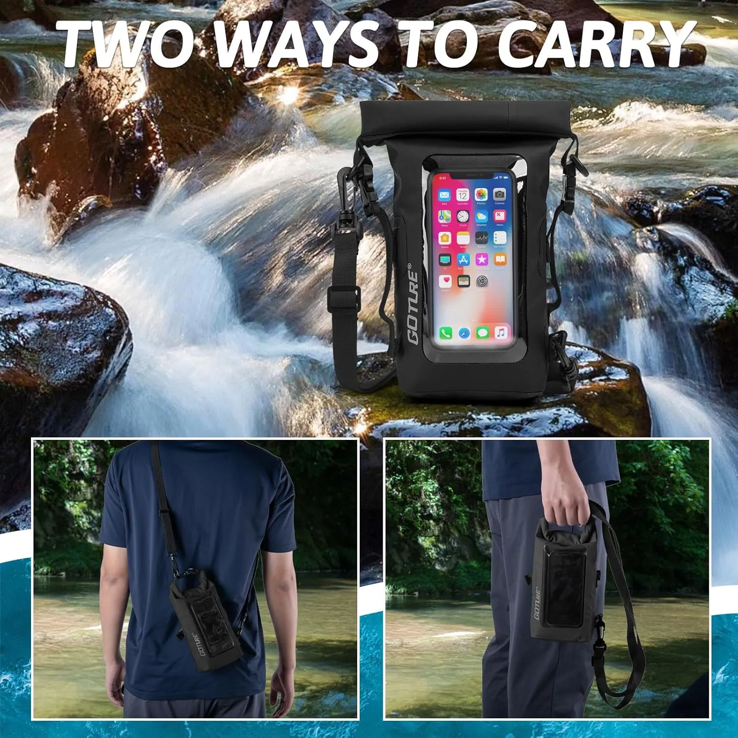 Goture Dry Bag, 2L Waterproof Bag with Shoulder Straps, 500D PVC Small Dry Sack Touchscreen Waterproof Phone Pouch, Roll Top Crossbody Dry Bags for Kayaking, Boating, Fishing, Camping, Beach, Travel
