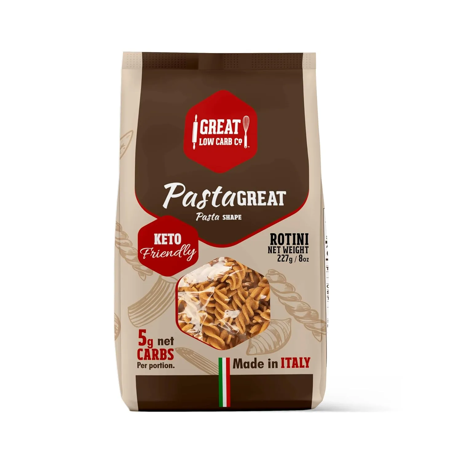 Great Low Carb Co. Keto-Friendly Italian Pasta Set, 0-5g Net Carbs, High Protein, High Fiber, Low Carb, Low Calories Made in Italy (3 Pack, Rotini 8oz bag)
