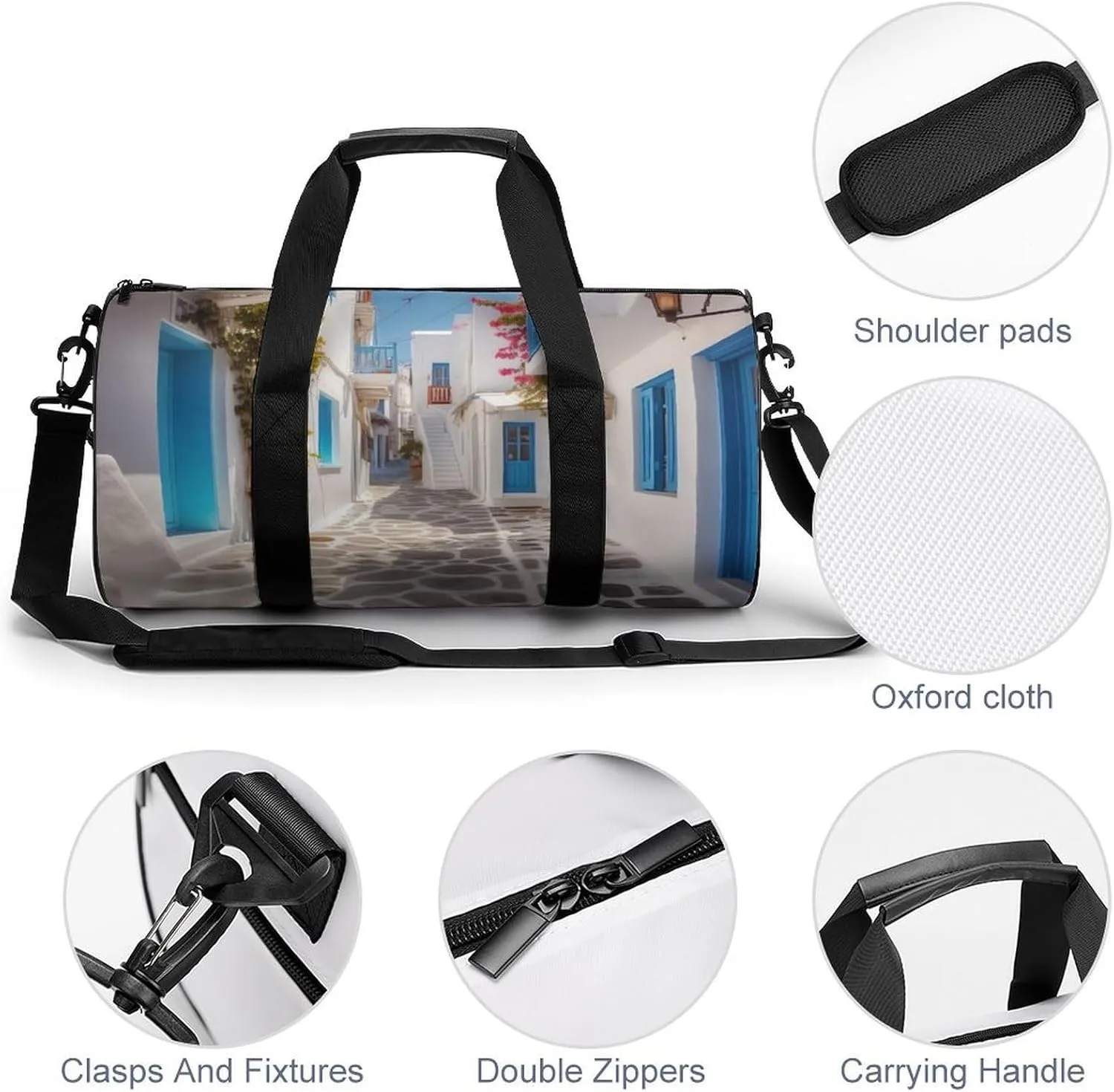 Greece Street Gym Bag Small Travel Duffle Bag with Compartment Carry On Weekender Bag for Women Men
