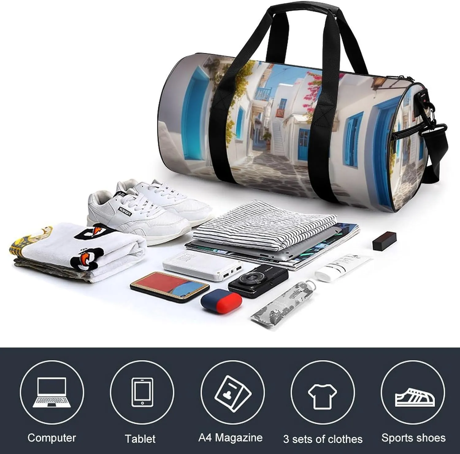 Greece Street Gym Bag Small Travel Duffle Bag with Compartment Carry On Weekender Bag for Women Men