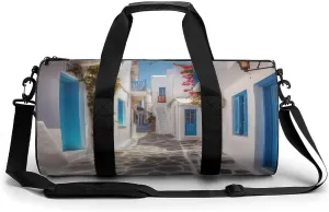 Greece Street Gym Bag Small Travel Duffle Bag with Compartment Carry On Weekender Bag for Women Men
