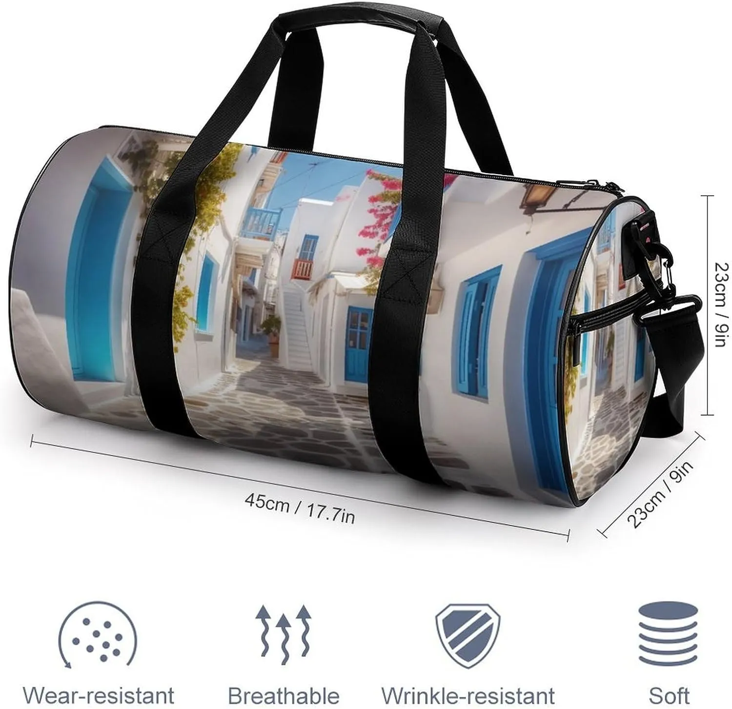 Greece Street Gym Bag Small Travel Duffle Bag with Compartment Carry On Weekender Bag for Women Men