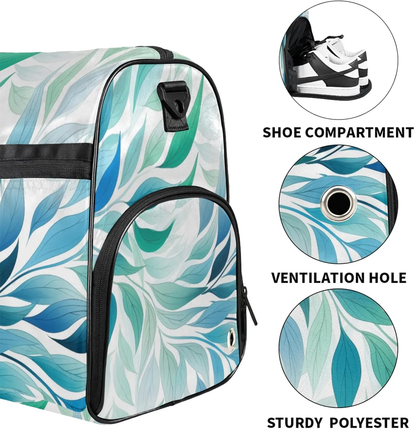 Green Background Gym Duffle Bag for Men, Leaf Texture Waterproof Sports duffle bag for travel Weekender Bags for Women Overnight Bag with Shoes Compartment