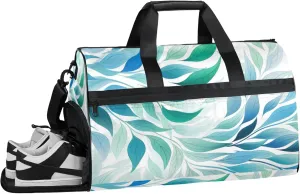 Green Background Gym Duffle Bag for Men, Leaf Texture Waterproof Sports duffle bag for travel Weekender Bags for Women Overnight Bag with Shoes Compartment
