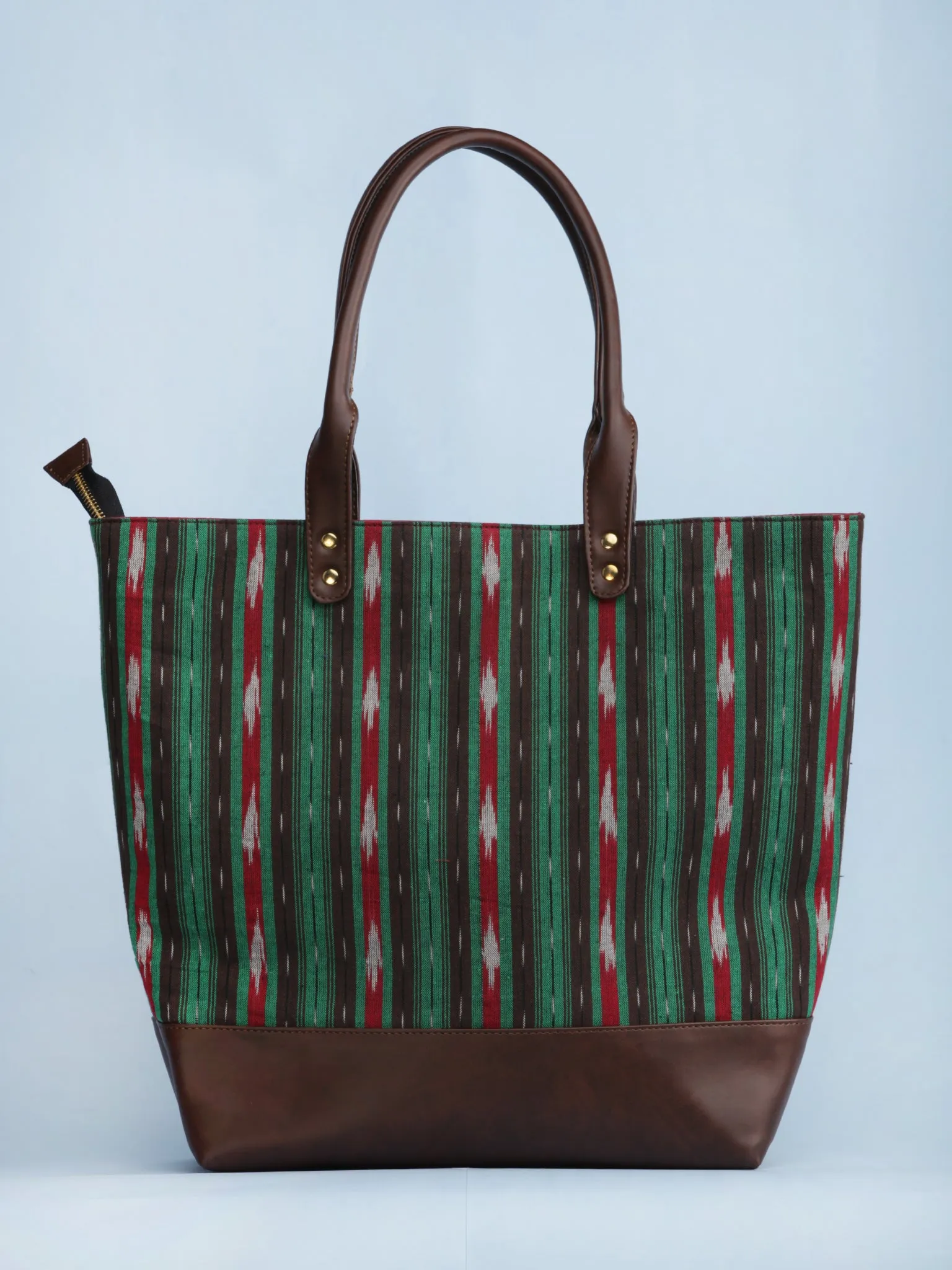 Green Brown Red Ikat & Vegan Leather Tote Bag - B1004