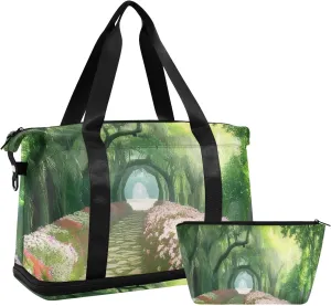 Green Grove Garden Flower Path Gym Bag for Women Sport Travel Duffel Bag Shoulder Weekender Overnight Bags with Wet Pocket & Shoe Compartment