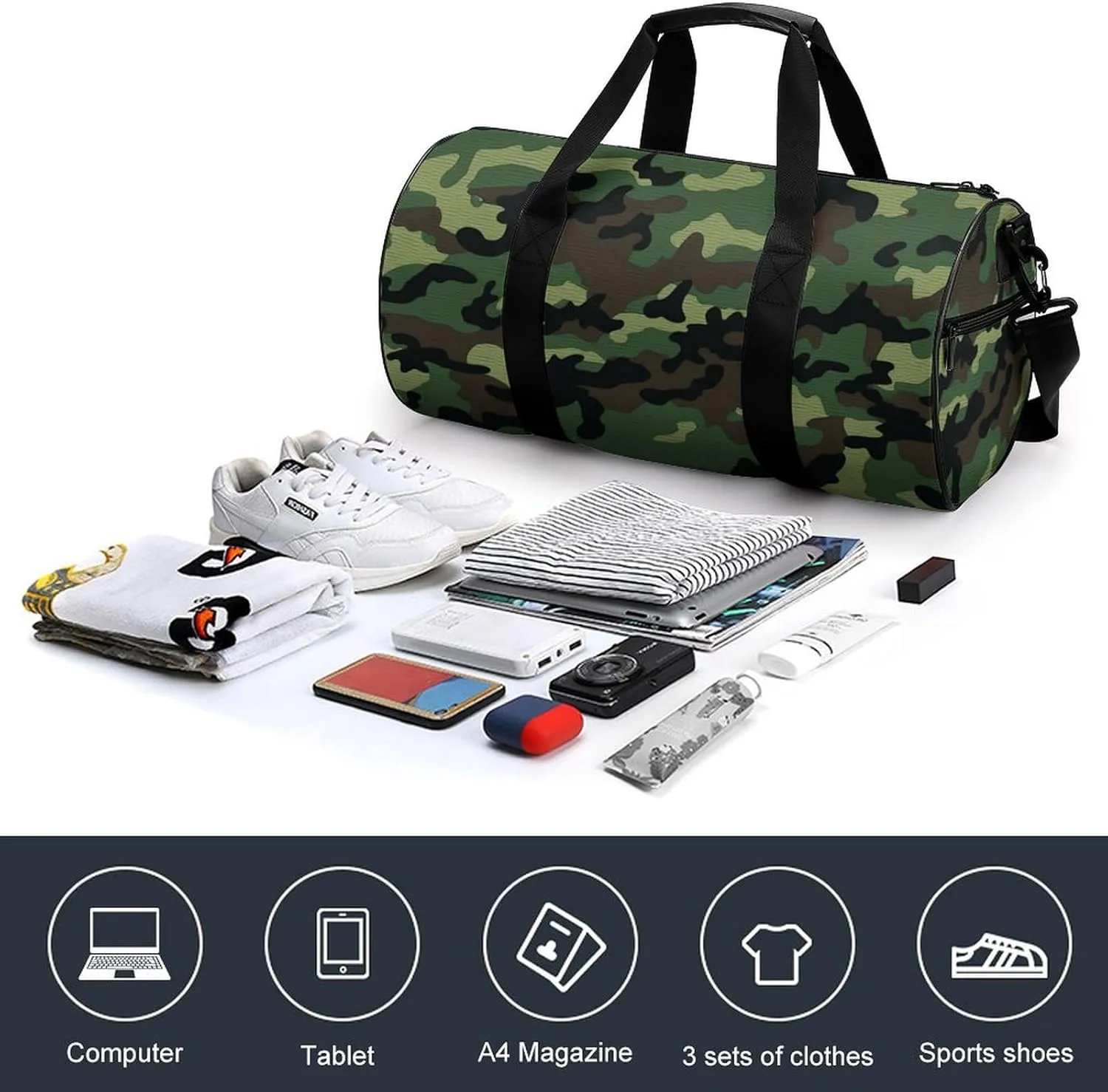 Green Military Pattern Gym Bag Small Travel Duffle Bag with Compartment Carry On Weekender Bag for Women Men