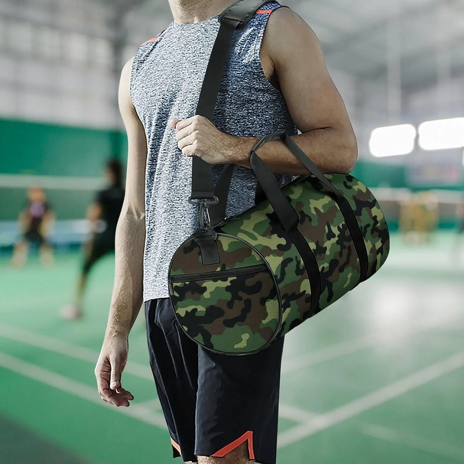 Green Military Pattern Gym Bag Small Travel Duffle Bag with Compartment Carry On Weekender Bag for Women Men