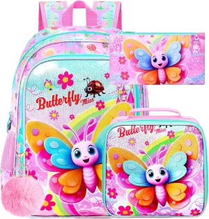 gxtvo 3PCS Butterfly Backpack for Girls, 16" Kids Bookbag with Lunch Box, Water Resistant Elementary School Bag for Prechool Toddler