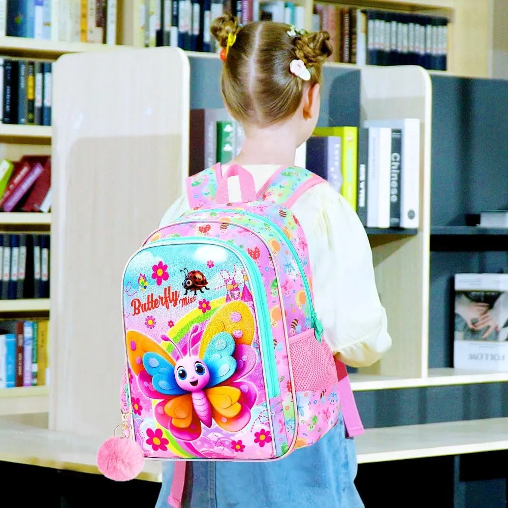 gxtvo 3PCS Butterfly Backpack for Girls, 16" Kids Bookbag with Lunch Box, Water Resistant Elementary School Bag for Prechool Toddler