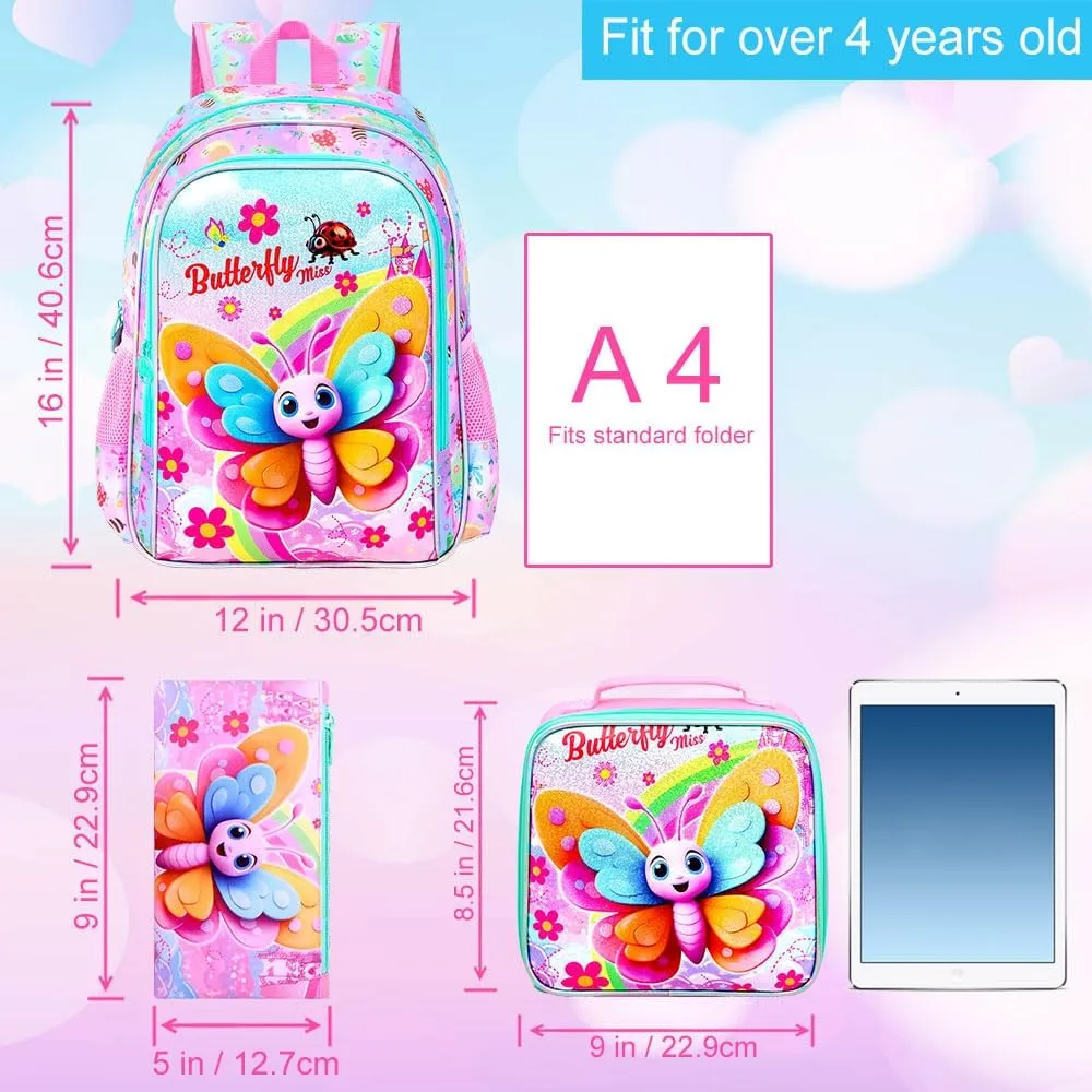 gxtvo 3PCS Butterfly Backpack for Girls, 16" Kids Bookbag with Lunch Box, Water Resistant Elementary School Bag for Prechool Toddler