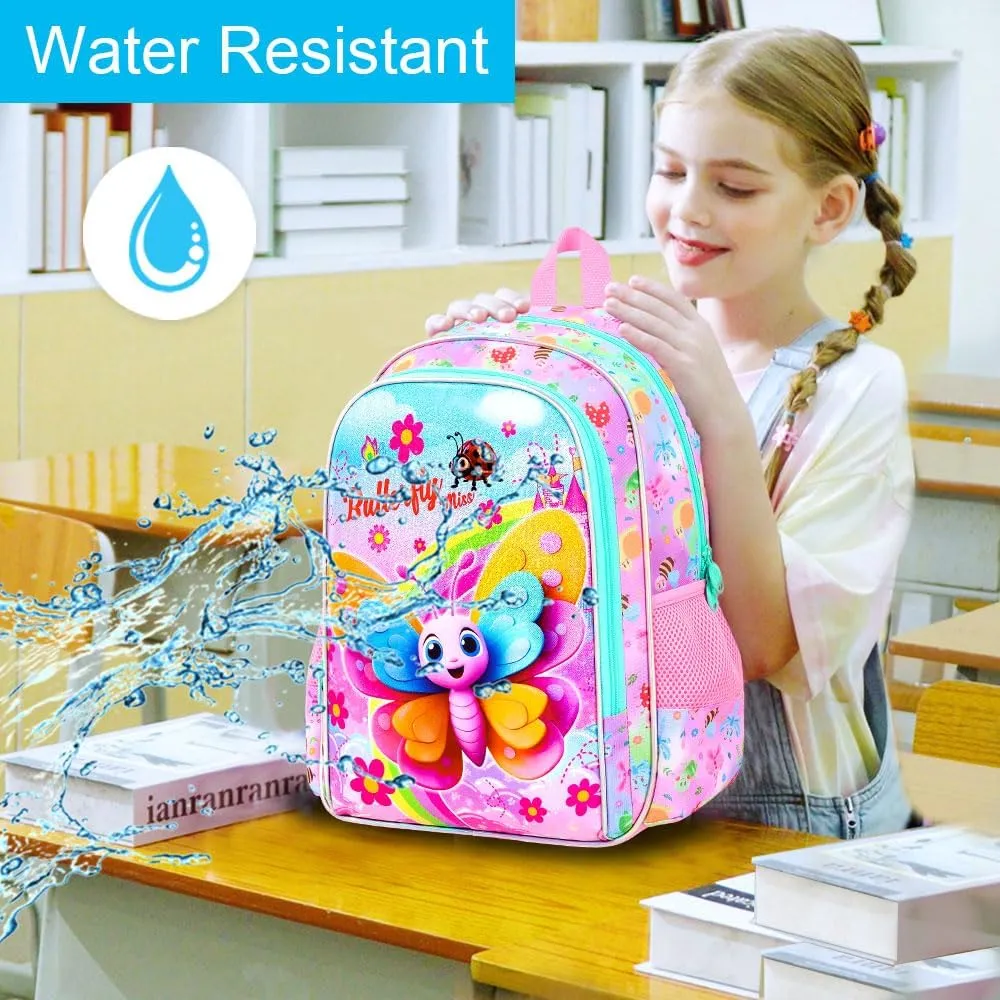 gxtvo 3PCS Butterfly Backpack for Girls, 16" Kids Bookbag with Lunch Box, Water Resistant Elementary School Bag for Prechool Toddler
