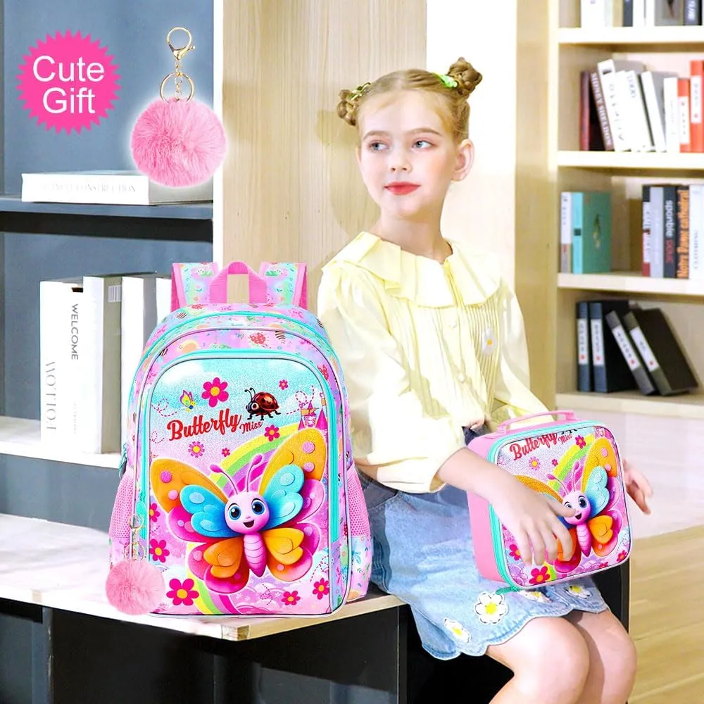 gxtvo 3PCS Butterfly Backpack for Girls, 16" Kids Bookbag with Lunch Box, Water Resistant Elementary School Bag for Prechool Toddler