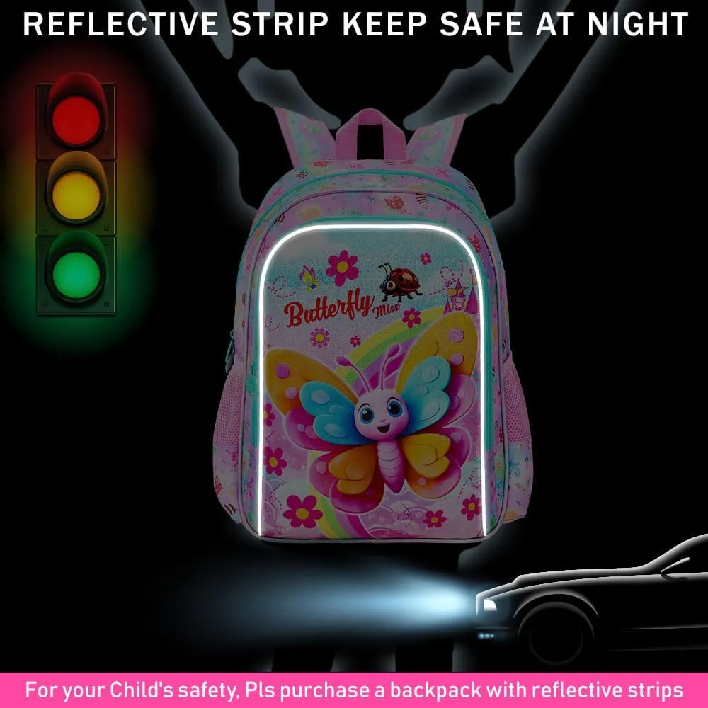 gxtvo 3PCS Butterfly Backpack for Girls, 16" Kids Bookbag with Lunch Box, Water Resistant Elementary School Bag for Prechool Toddler