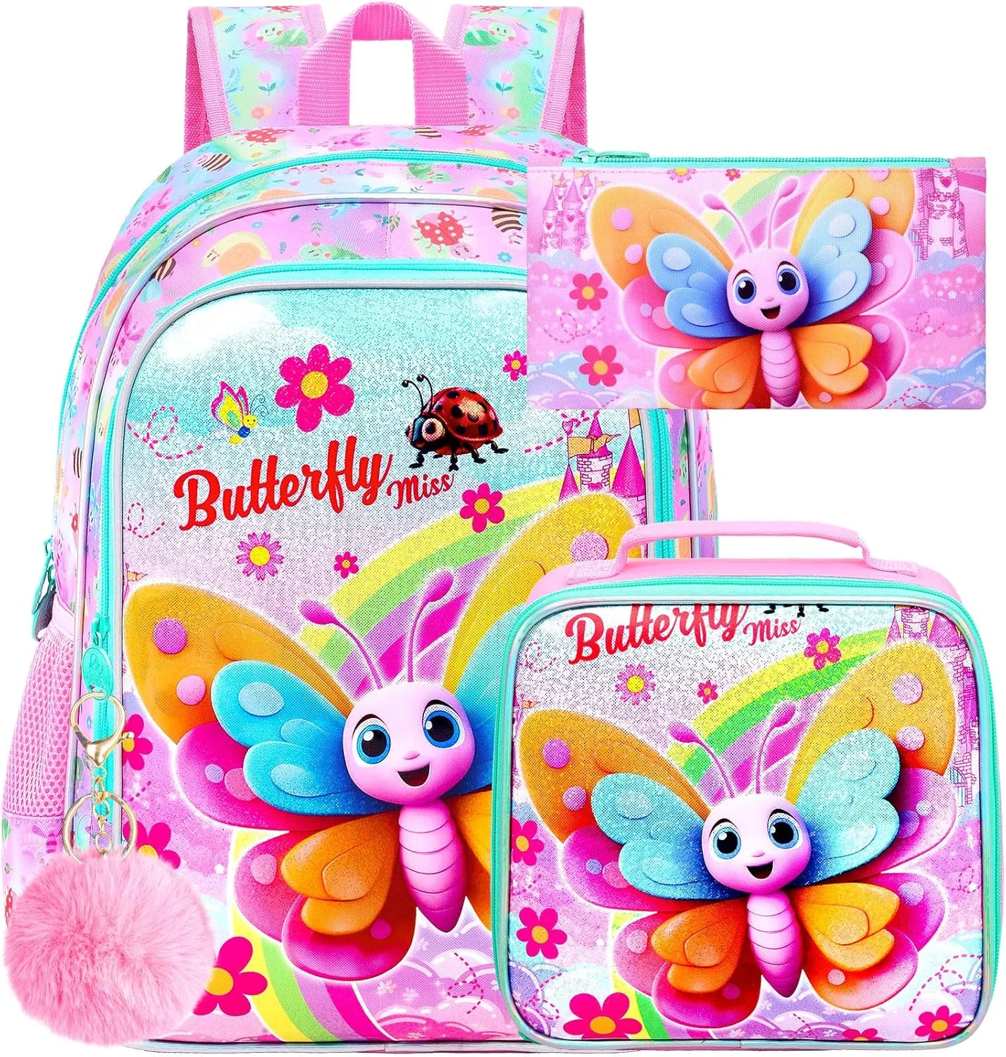 gxtvo 3PCS Butterfly Backpack for Girls, 16" Kids Bookbag with Lunch Box, Water Resistant Elementary School Bag for Prechool Toddler