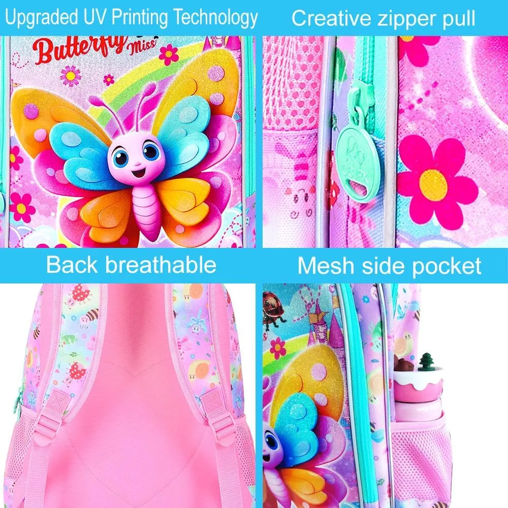 gxtvo 3PCS Butterfly Backpack for Girls, 16" Kids Bookbag with Lunch Box, Water Resistant Elementary School Bag for Prechool Toddler